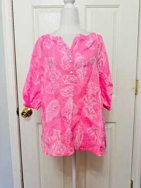 LILLY PULITZER CAPRINA ROUSSEAU PINK COOL AS SHELL BOHO LINEN BLOUSE MEDIUM $138